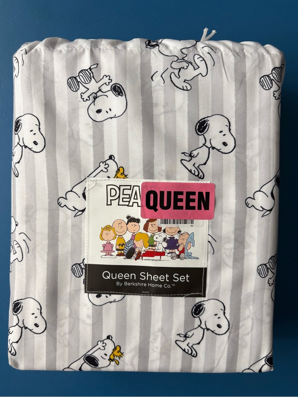 Peanuts Snoopy & Woodstock 4PC Queen Sheet Set White Gray Stripes